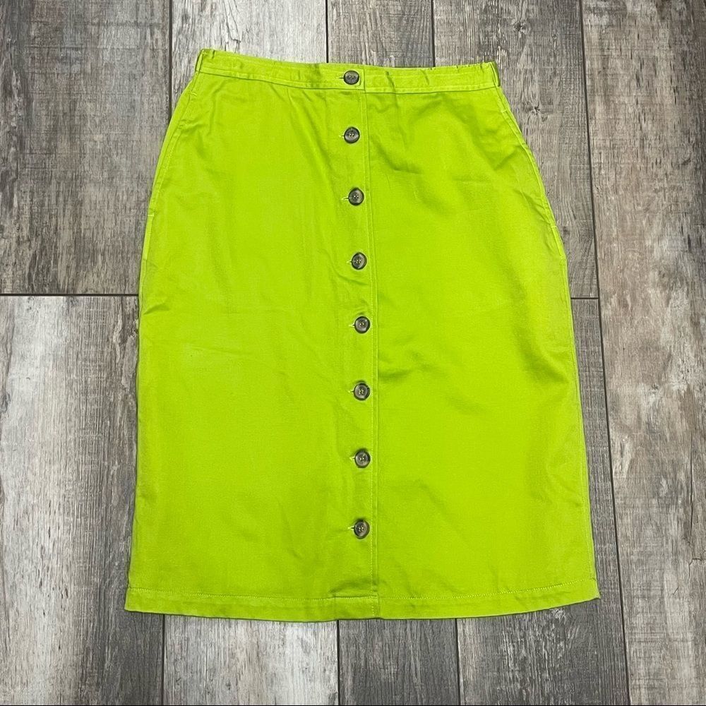 Terry Lewis Classic Luxuries Lime Green Button Down MIDI Pencil Skirt Size XS